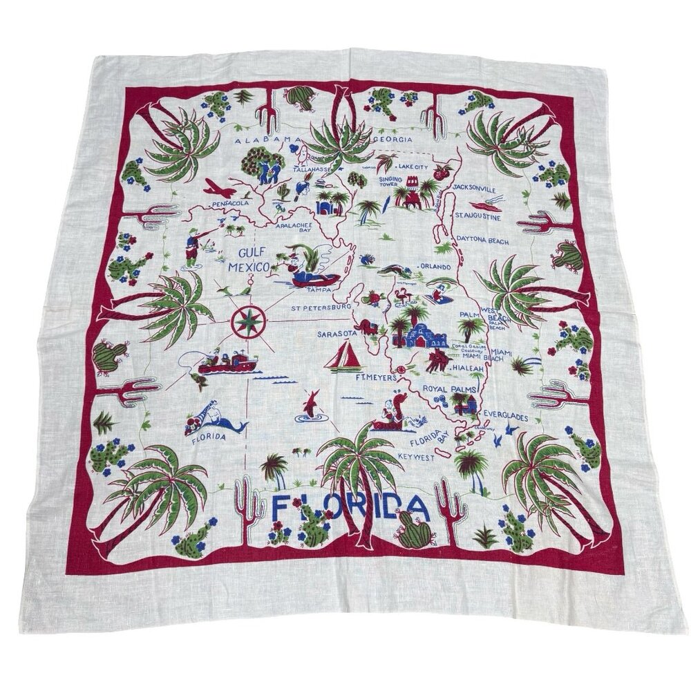 Vintage Florida Souvenir Tablecloth Map Print 51"x49" Palm Trees Destination